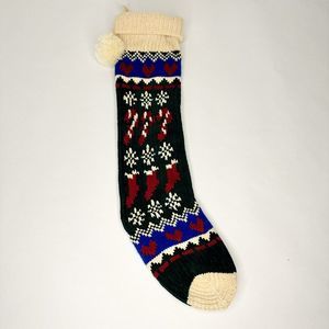 Vintage Pom-Pom Snowflake Chanel Knit‎ Stocking Candy Canes Red Green Blue ￼￼